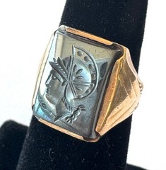 Vtg 10K Gold Intaglio Hematite Onyx Warrior Signet Ring Sz 7.25 6 Grams 1 Owner