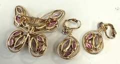 VTG Pink & Lavender Rhinestone Butterfly Brooch ,Clip-On Earrings Set,Gold Tone