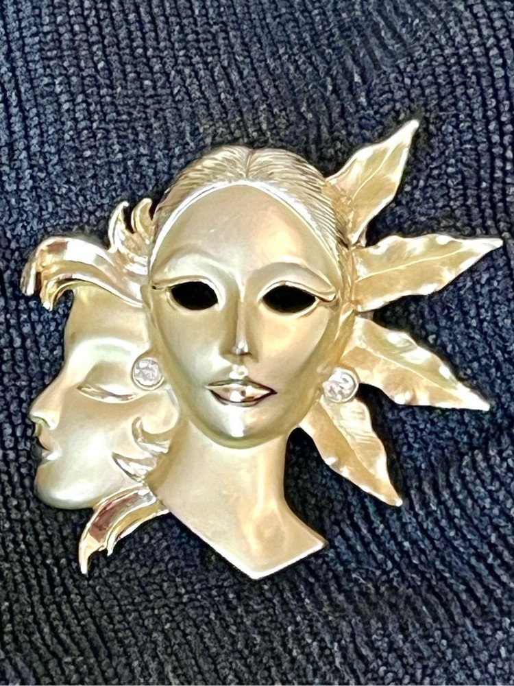 Vintage Art Deco Gold Tone Dual Face Mask Brooch Pin Rhinestone