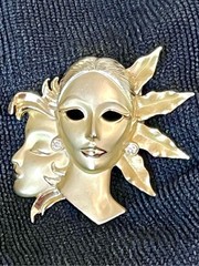 Vintage Art Deco Gold Tone Dual Face Mask Brooch Pin Rhinestone