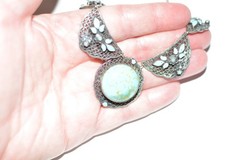Antique Czech (?) blue enamel faux turquoise filigree necklace, 15 in, as found