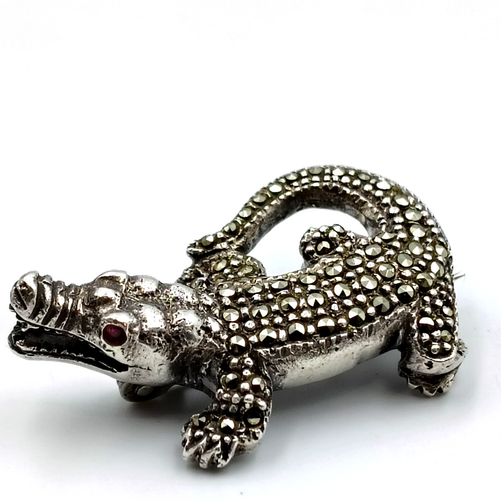 Vintage Sterling Silver 925 Marcasite Lab Ruby Alligator/Crocodile Brooch Pin