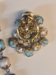Vintage Crown Trifari 1950s Blue White Lucite Bead Necklace & Earrings Set Gold