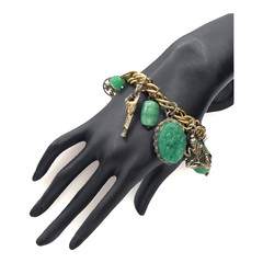 Vintage Gold Tone FOB Bracelet Green Carved Stone Jade‑Style Charms Asian Motif