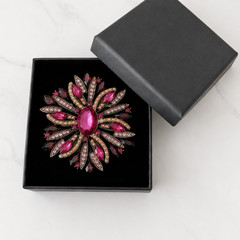 Fuchsia Burgundy Rhinestone Statement Brooch, Gold Tone Floral Starburst Pin