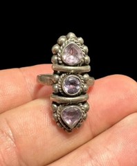 Sterling Silver Three Stone Amethyst Ring Ethnic Size 6 Vintage 2.5mm Band