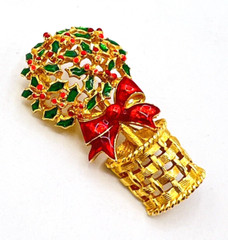 Vintage Gold Tone Red Green Enamel VERO Holly Berry Christmas Topiary Brooch