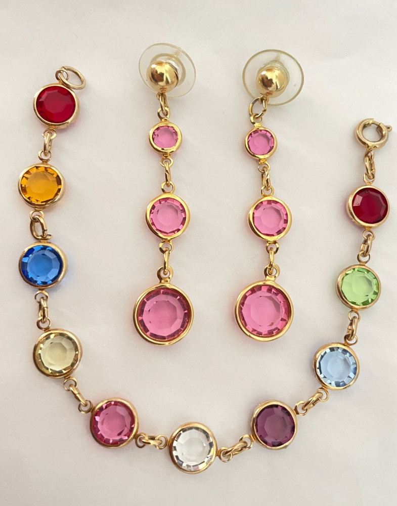 Lot of 2 Vintage Gold Tone Glass Bezel Bracelet & Earrings Pink Purple Blue