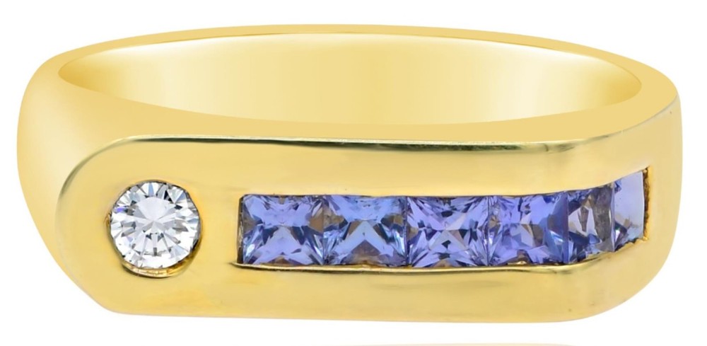 1.03CT DIAMOND & AAA TANZANITE 14KT YELLOW GOLD PRINCESS & ROUND ETOILE FUN RING