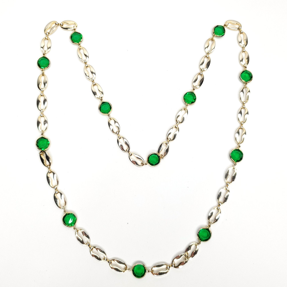Beaded Station Necklace Green Gold Tone 28″