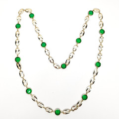 Beaded Station Necklace Green Gold Tone 28″