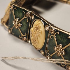 Vintage 1930s Guilloché Enamel Celluloid Cameo Panel Bracelet Art Deco Green
