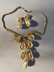 Vintage Milk Glass Rhinestone Bib Necklace Clip Earring Demi Parure 1950s Set