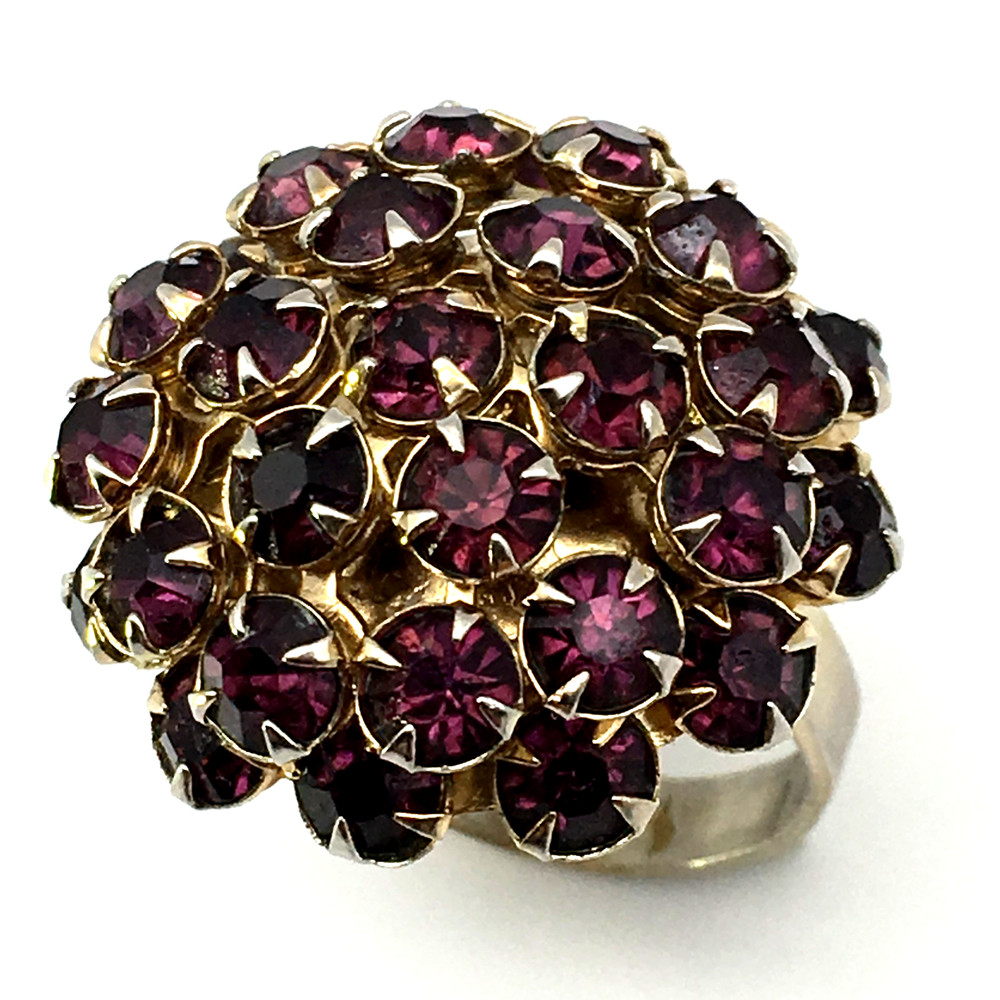 Vintage Purple Rhinestones Round Domed GoldTone Adjustable Ring Size 6.5