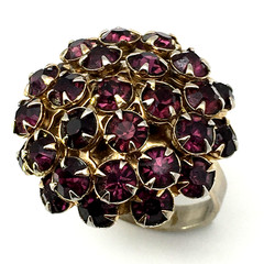 Vintage Purple Rhinestones Round Domed GoldTone Adjustable Ring Size 6.5