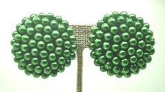 vintage dome round shape green Faux Pearl Bead Button Clip On handmade Earrings