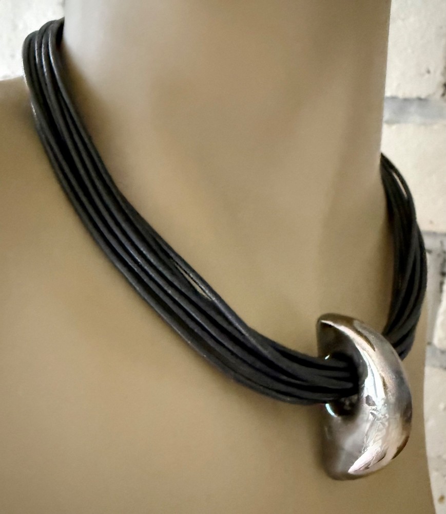 STERLING SILVER MULTI ROW LEATHER CORD MODERNIST NECKLACE SLIDING PENDANT 16″