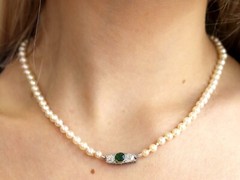 Single Strand Pearl Necklace with Sapphire, Diamond and 12k White Gold Clasp