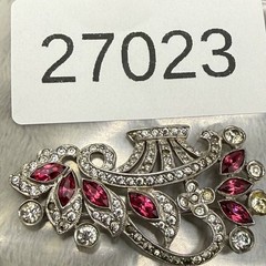 Vintage Pot Metal Flower Basket Rhinestone Brooch Silver Tone READ