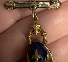 Vintage Egg Pendant Brooch Enamel Blue Green Rhinestone Marked 925 Fleur De Lis
