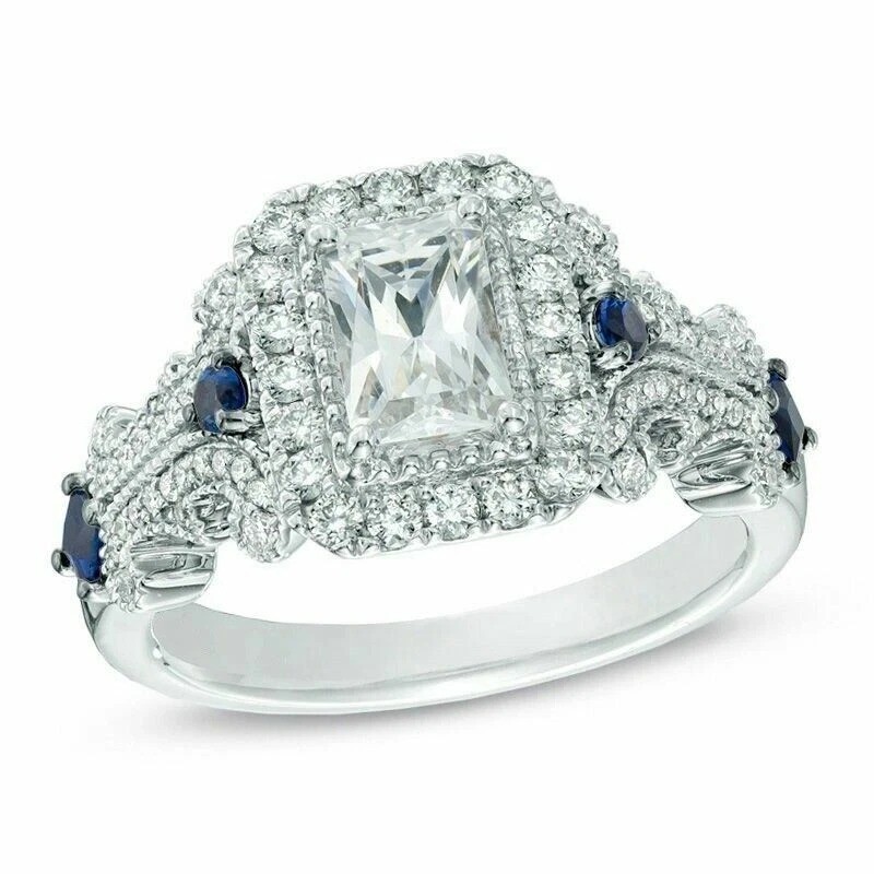 Vera Wang Emerald Cut Lab Created Diamond & Sapphire Engagement 925 Silver Ring