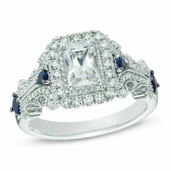 Vera Wang Emerald Cut Lab Created Diamond & Sapphire Engagement 925 Silver Ring