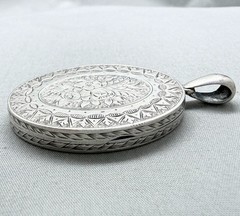 Victorian Sterling Silver Locket Hand Engraved Double Sided Floral Antique 1879