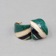 Vintage Green Blue White Enamel Wide Hoop Pierced Earrings Gold tone Drop 1″