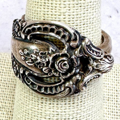 Vintage Sterling Silver Spoon Ring Ornate Rose Floral Pierced Size 8.25 8.6gr