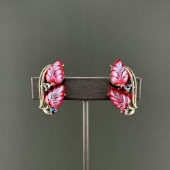 Vintage Rhinestone Flower Earrings Magenta Pink AB Crystal Leaf Climber Signed