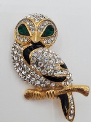 Vintage Jewelry Brooch Pin Owl Green Rhinestone Crystal Bird Women Accessory