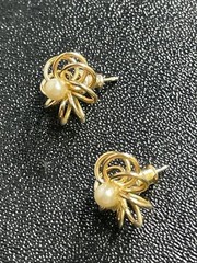 Vintage Small Faux Pearl Round Gold Tone Wired Metal Earrings