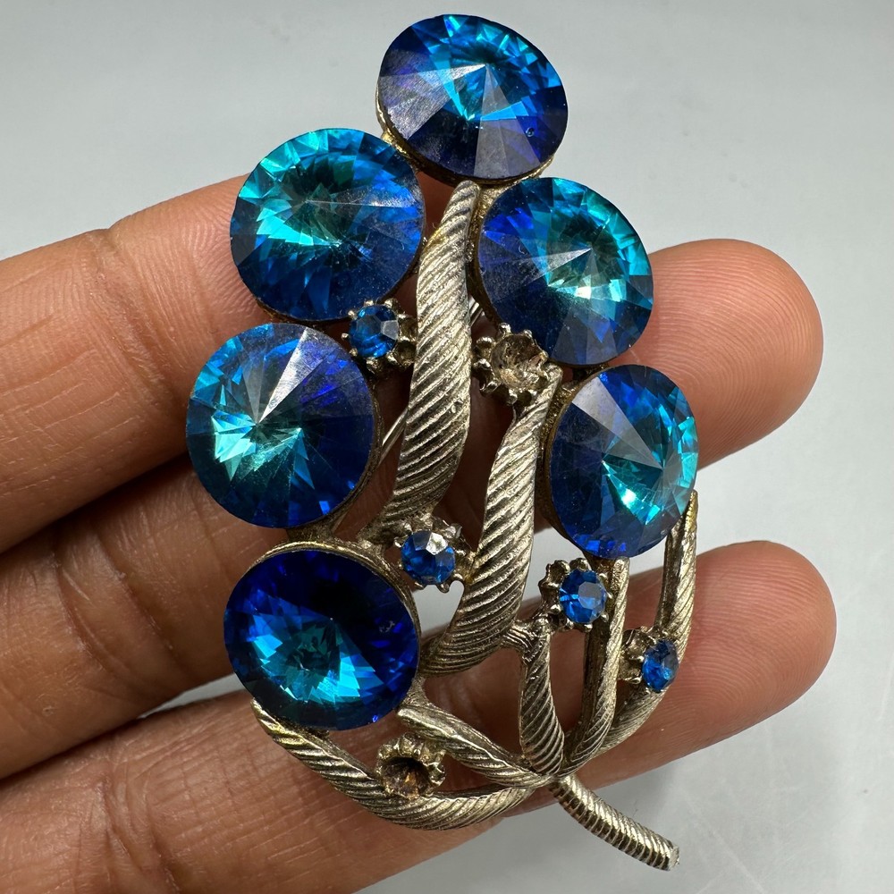 Vintage Watermelon Peacock Rivoli Rhinestone Brooch Silver Tone Blue Statement