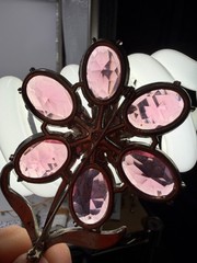 Vintage Brooch Pot Metal Stunning Purple Flower Glass Large Painted Estate