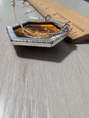 Silver Tone Hexagon Amber Foil Glass Pendant Necklace Boho Artisan Beaded