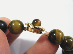 Solid 14k Yellow Gold Flower Clasp 10mm Tiger Eye Round Knotted Beads Bracelet