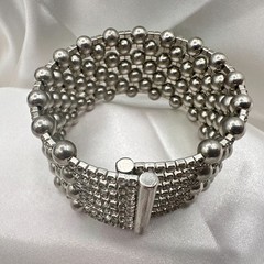 Vintage 90s Silver Tone Multi Row Bead Clear Glass Wide Cuff Statement Bracelet