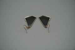 Vintage Geometric Black/Silver Tone Set-Enamel Earrings-Glass Onyx Bracelet