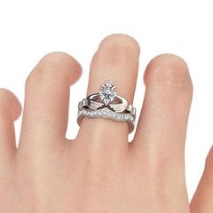 1.50Ct Heart Cut Moissanite Crown Claddagh Engagement Ring 14K White Gold Plated