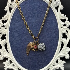 Vtg Brassy Bronzy Necklace & Charms of Mixed Metals: Heart, Flower, Angel Wing
