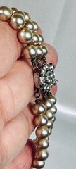 Vintage Triple Strand Faux Pearl Bracelet With Fancy Rhinestone Clasp 6.5”