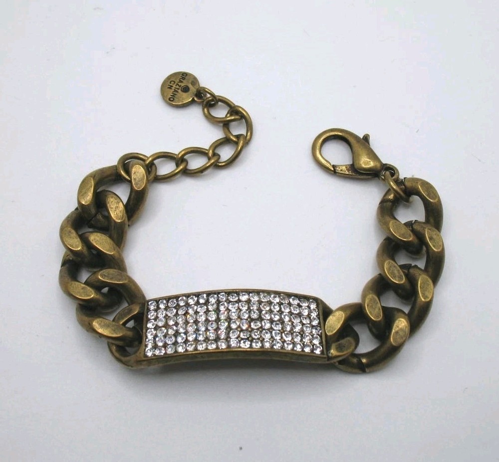 Vintage RJ Graziano pave rhinestone & antiqued goldtone ID bracelet 6.25-8″ adj