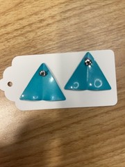 Vintage 80’s Earrings | Teal Blue White Paint Deco Metal Triangle Geometric
