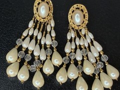 VTG Waterfall Tassel Earrings Dangle Statement Faux Teardrop Pearl Pierced