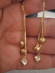 Puffy hearts & crystal bezel-set heart tassel earrings, multi chain, cascading
