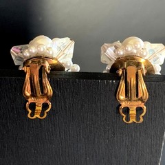 Vintage Japan Pearl Cluster Clip On Earrings AB Crystal Beaded