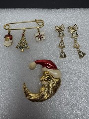 Lot Of 3 VTG Christmas Gold-Tone Joy Bow Dangle Earrings & Brooch Pin Moon Santa