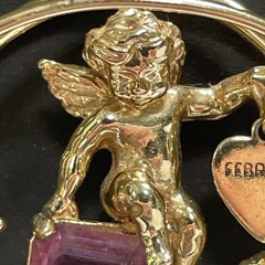 Vintage Coro February Pendant Necklace Gold Tone Cherub Glass Garnet Rhinestone