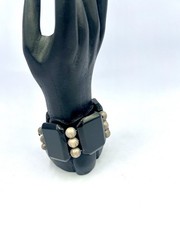Vintage Chunky Black Stone Gemstone Silver Bead Wide Bracelet RO-DO NOS Saks