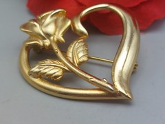 Vintage Gold Tone RDC Brooch Princess Diana Memorial Heart and Stemed Rose 2″